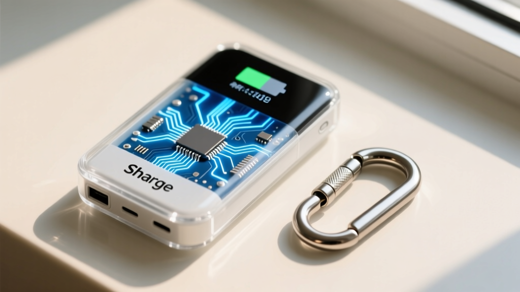 Close-up of a transparent Sharge power bank displaying its OLED screen and internal circuitry next to a titanium carabiner.