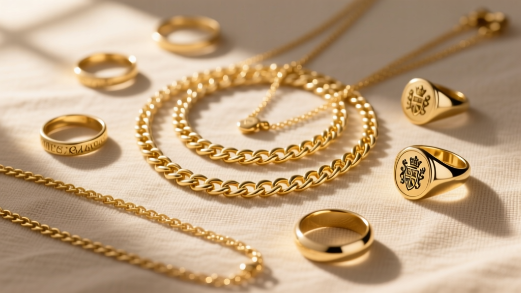 Elegant flat lay of 18k gold vermeil chain necklaces and signet rings on beige linen, bathed in soft morning sunlight