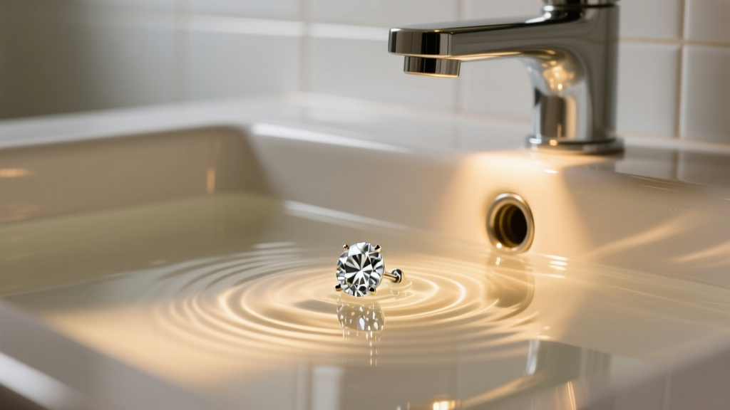 Diamond stud earring resting inside a clear PVC sink P-trap filled with water, lit by a warm flashlight beam.