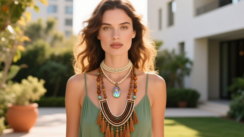 Woman wearing a layered bohemian stack with a short seed bead choker, mid-length glass pendant, and long tassel bead necklace.