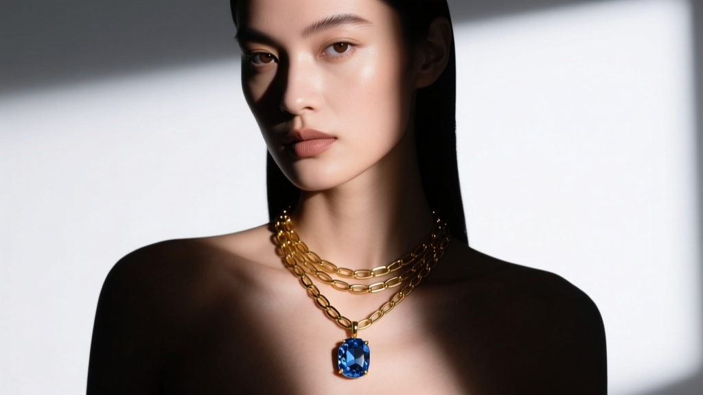 Editorial fashion shot of a model wearing a layered 14k gold paperclip chain and raw sapphire pendant, moody studio lighting