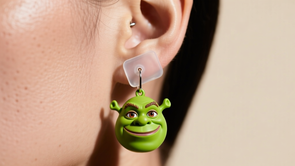 Close-up of an earlobe wearing a heavy Shrek dangle, supported by a clear silicone patch to prevent the piercing from stretching.