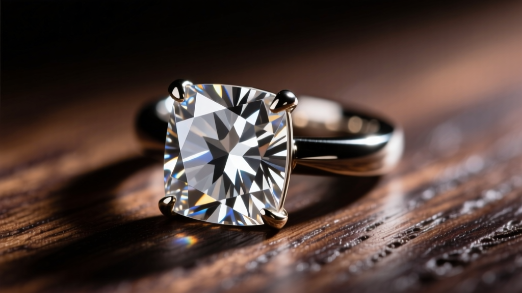 Macro shot of a rose-cut diamond ring with foil-backing, side-lit to highlight facets while resting on a dark wooden surface.