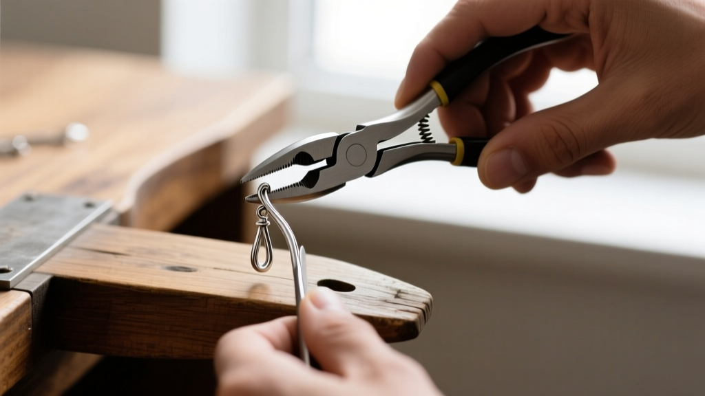 Flat-nose pliers bending the metal arm of a silver earring clip on converter to adjust tension on a wooden jeweler's workbench.