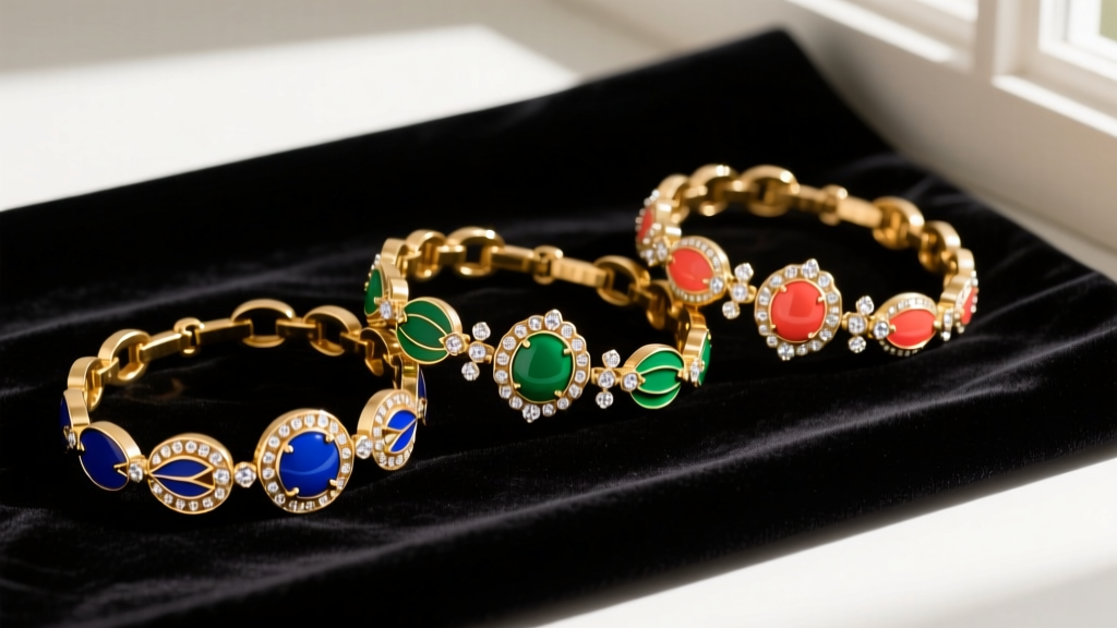 Flat lay of three vintage gold-tone Lia Sophia jewelry bracelets with enamel charms and rhinestone accents on a dark velvet cloth.