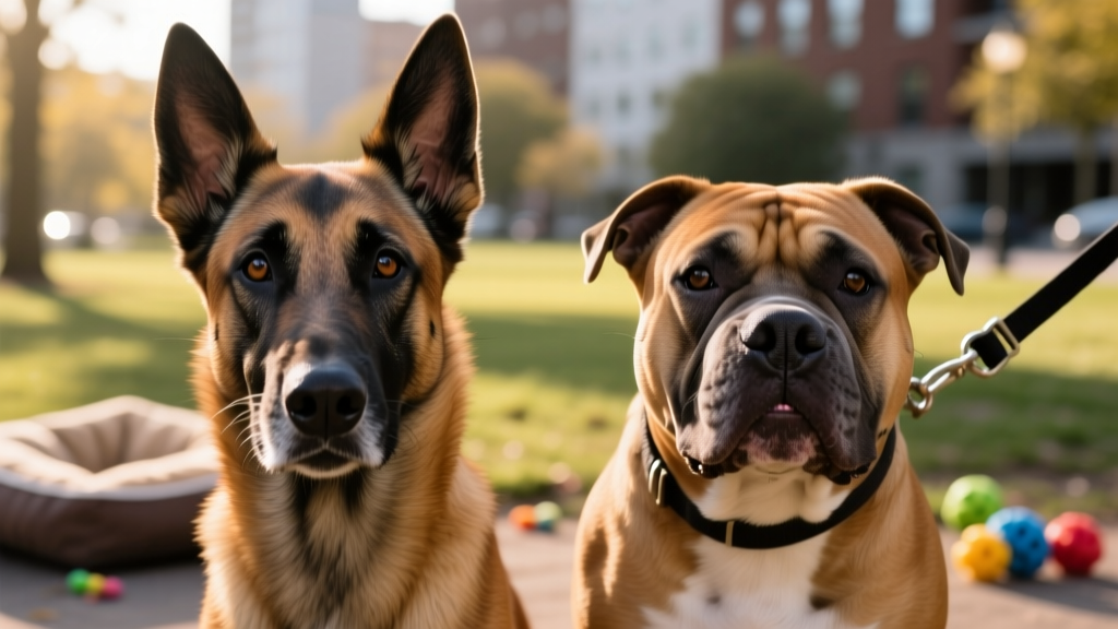 Close-up portrait showing the expressive faces and distinct head shapes of a Malinois and a Pitbull