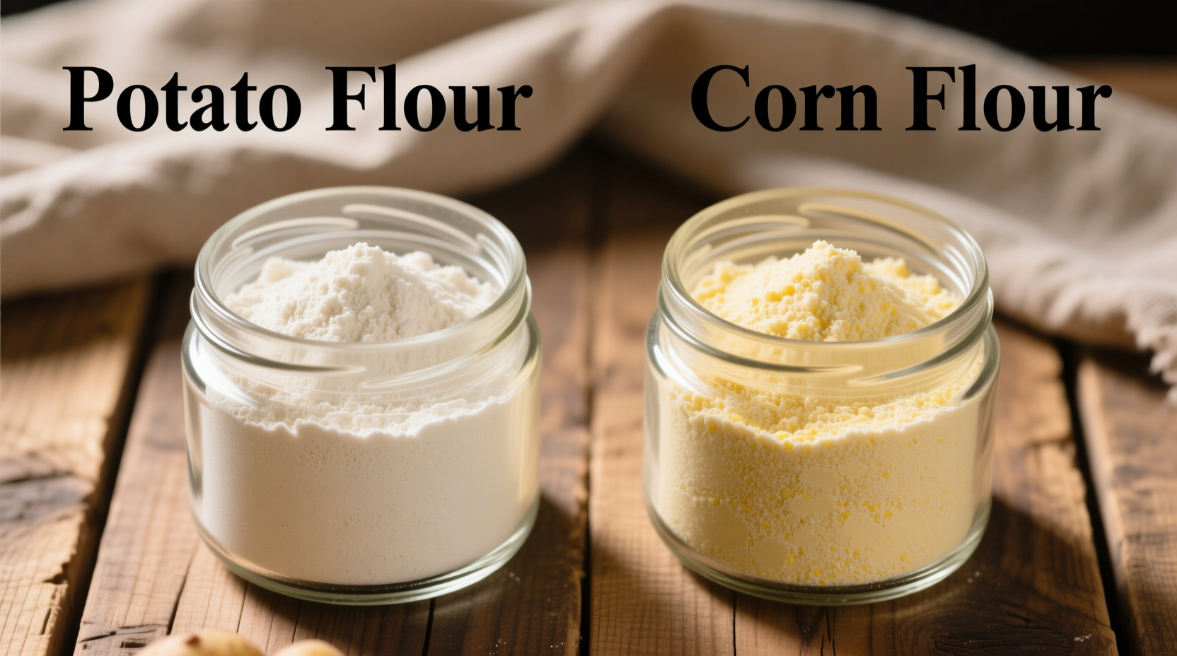 Side-by-side comparison of potato flour and corn flour in glass jars