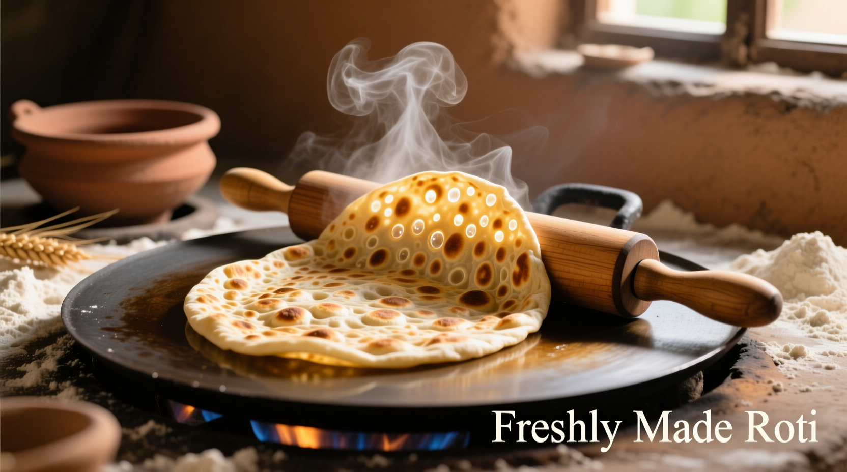 Perfectly puffed roti on tava with rolling pin