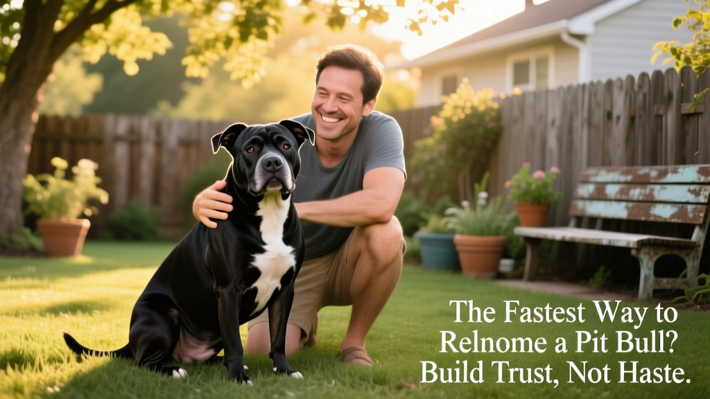 A calm, well-groomed pit bull sitting beside a smiling adult in a sunny backyard