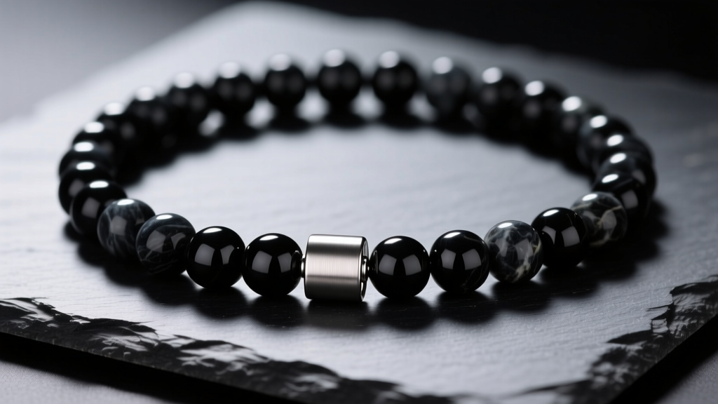 Close-up of a masculine 8mm matte black onyx beaded necklace with a brushed 316L stainless steel clasp resting on dark slate