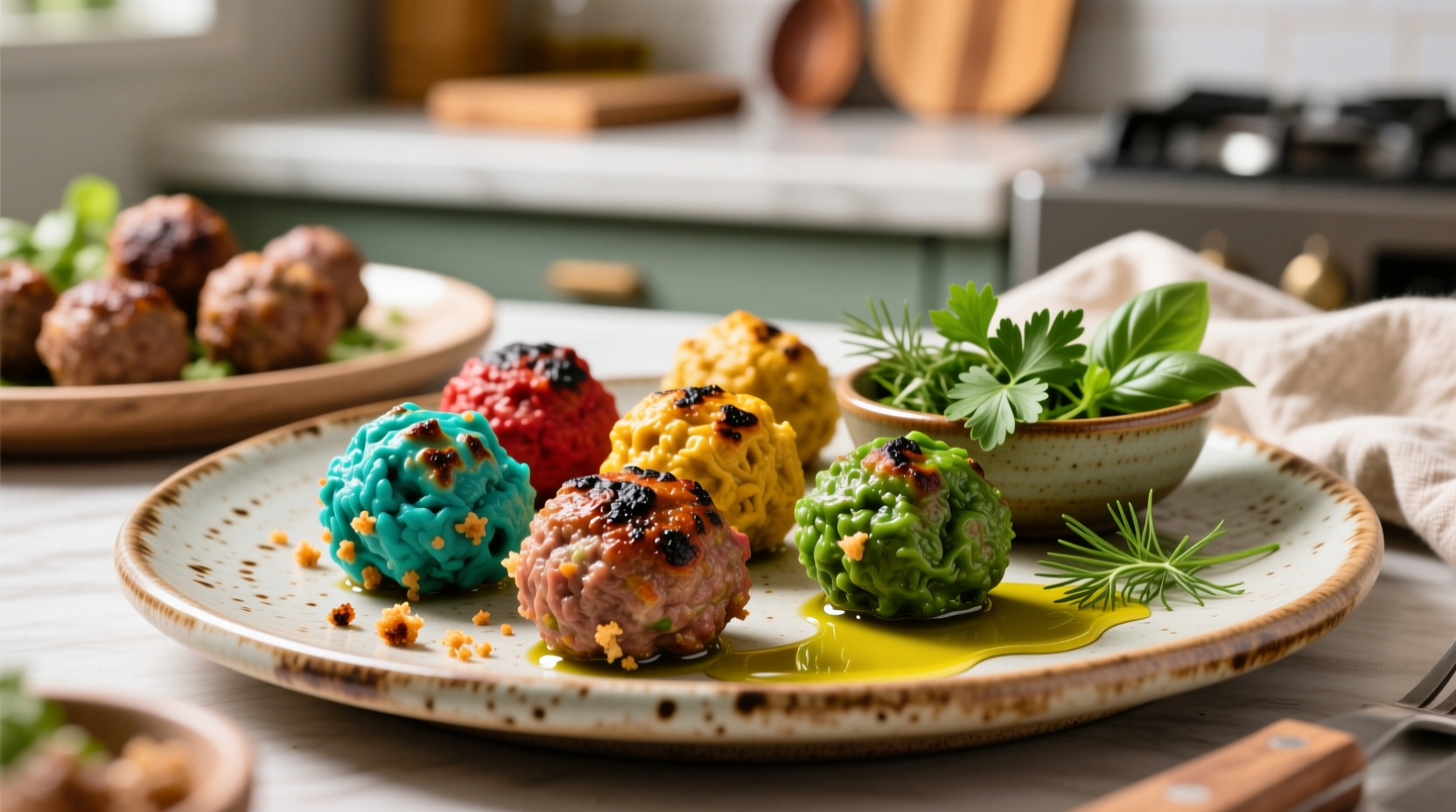 Colorful meatball meal preparations on ceramic plates