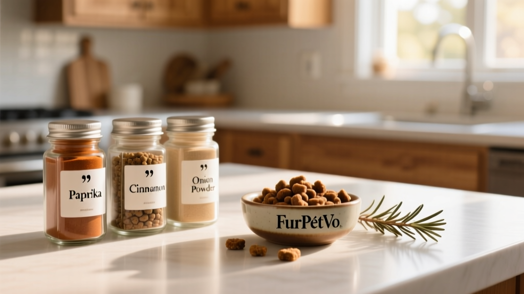 A clean kitchen counter with labeled spice jars and a small bowl of FurPetVo-approved pet treats nearby