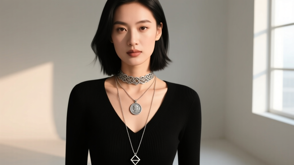 Woman wearing layered necklaces over a black V-neck sweater, showing a 16-inch choker, 18-inch coin pendant, and 22-inch chain.