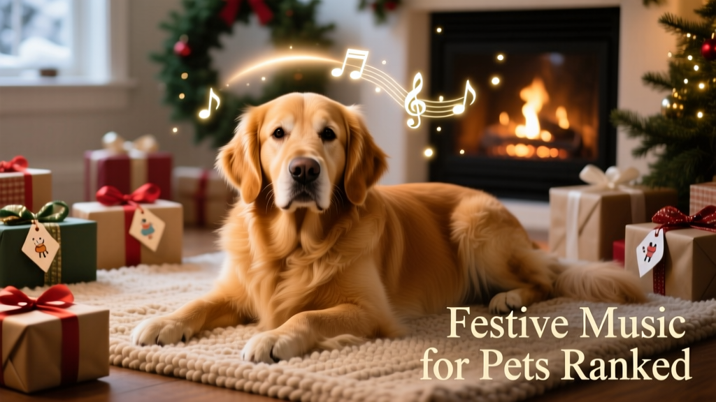 Golden Retriever lying calmly on a rug near soft holiday lighting and wrapped gifts