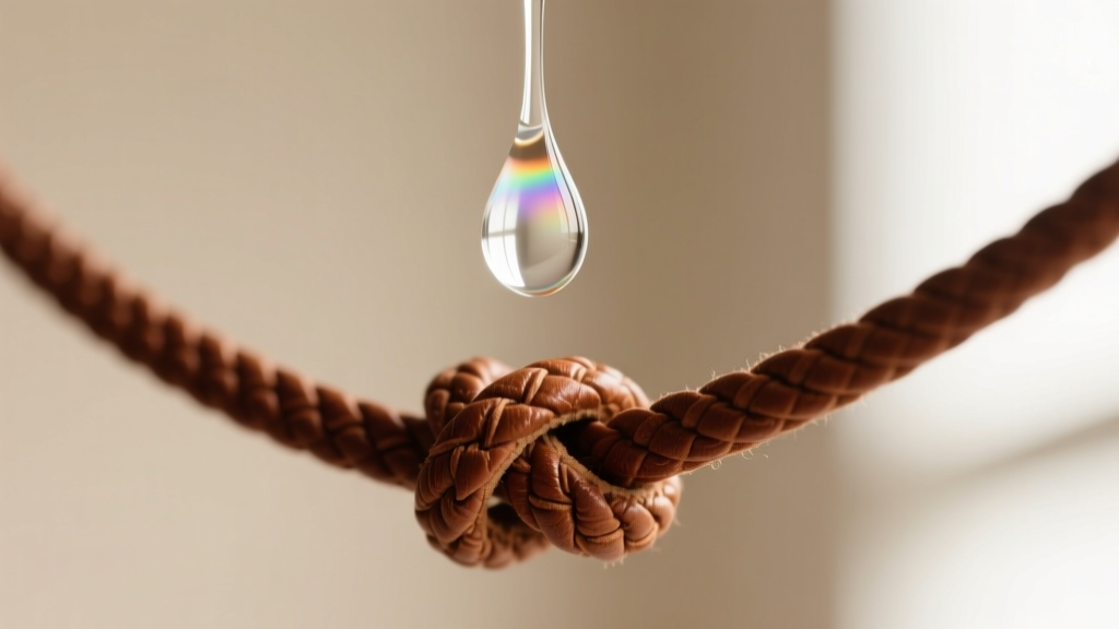 Macro shot of a drop of clear GS Hypo cement being applied to a finished overhand knot on a brown leather necklace cord.