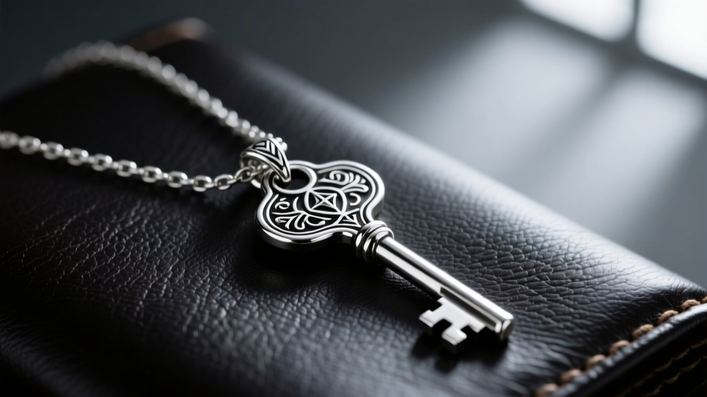 Close-up of a detailed 925 sterling silver Eren basement key necklace resting on dark leather with dramatic, moody lighting.