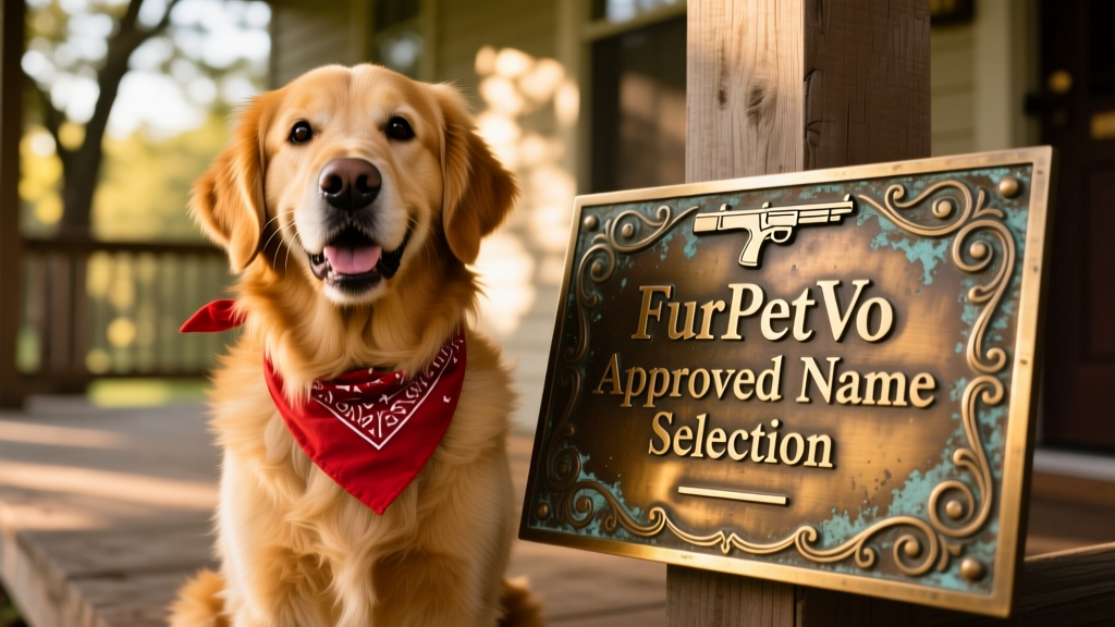 A playful golden retriever wearing a red bandana, sitting next to a vintage-style engraved plaque reading 'FurPetVo Approved Name Selection'