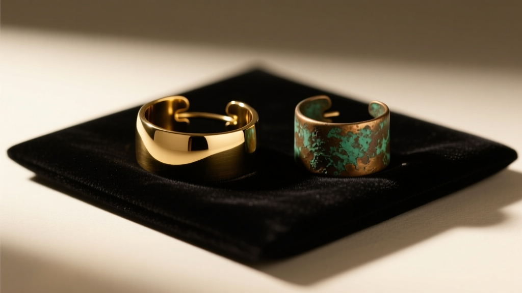 Polished brass ear cuff beside a dull oxidized bronze ear cuff under warm studio lighting on a dark velvet pad.