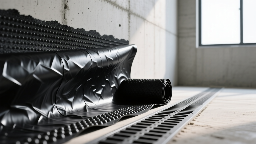 Black self-adhering rubberized asphalt waterproofing membrane applied to a concrete foundation wall beside a dimpled drainage board.