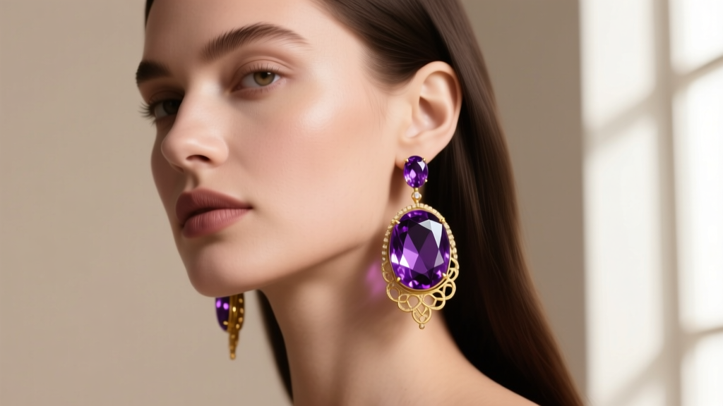 Model wearing large faceted amethyst drop earrings, soft studio light highlighting the deep purple gem and delicate gold setting.