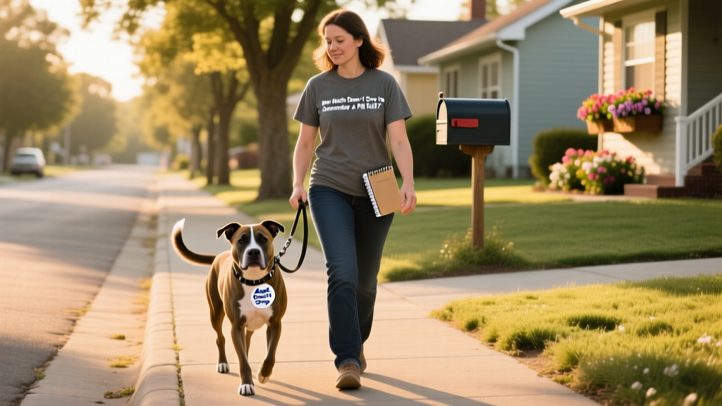 Volunteer walking a friendly Pit Bull on a quiet neighborhood street, both appearing relaxed and connected