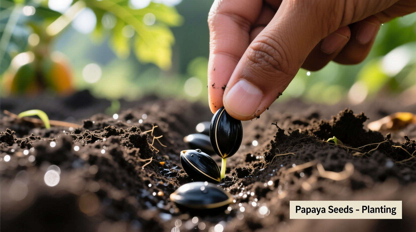 Close-up of papaya seeds being planted in soil