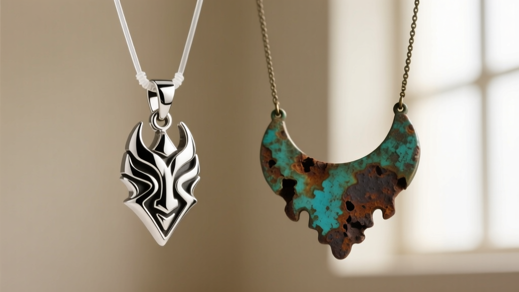 Macro shot comparing a polished 316L surgical steel tribal pendant and an oxidized antique bronze historical replica necklace.