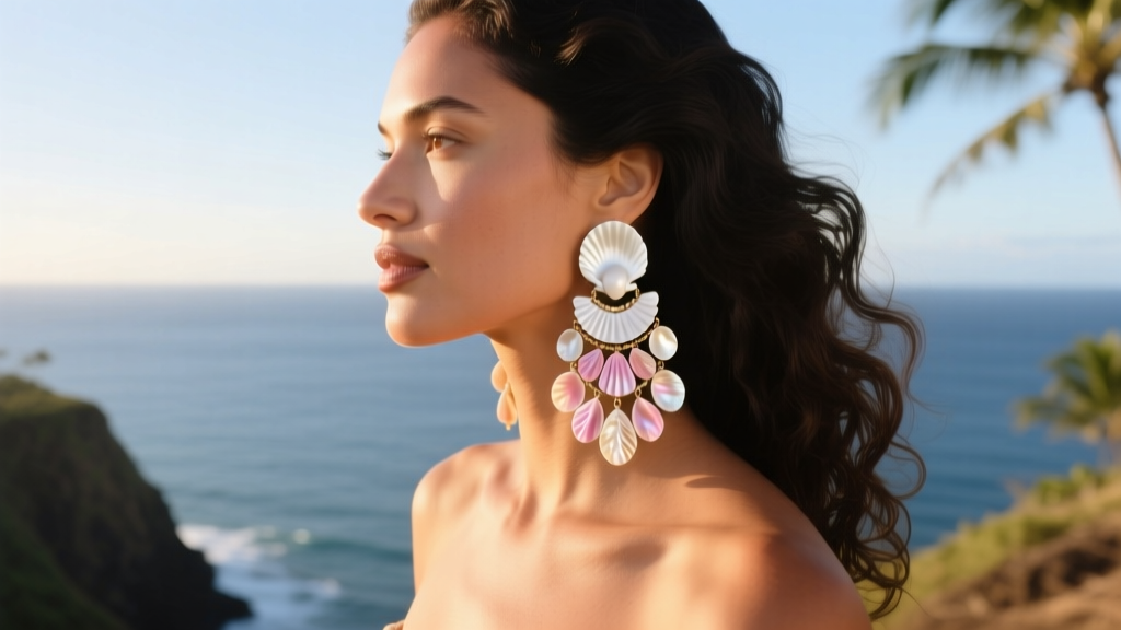 Elegant Hawaiian woman wearing multi-strand Niihau shell chandelier earrings with white Laiki and pink Kamoa shells in sunlight.