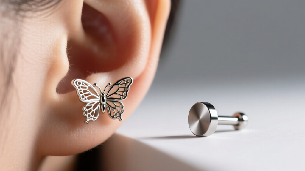 Side profile of a traditional earring butterfly back pressing into a lobe next to a flush-fitting titanium flat back labret stud.