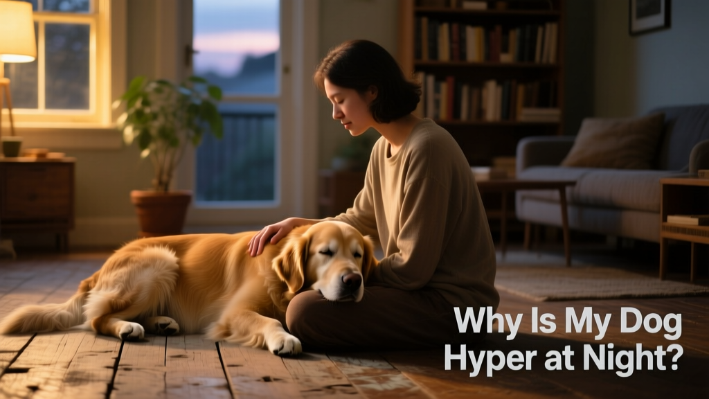 A person sitting quietly on the floor, gently stroking a relaxed dog lying beside them in soft evening light