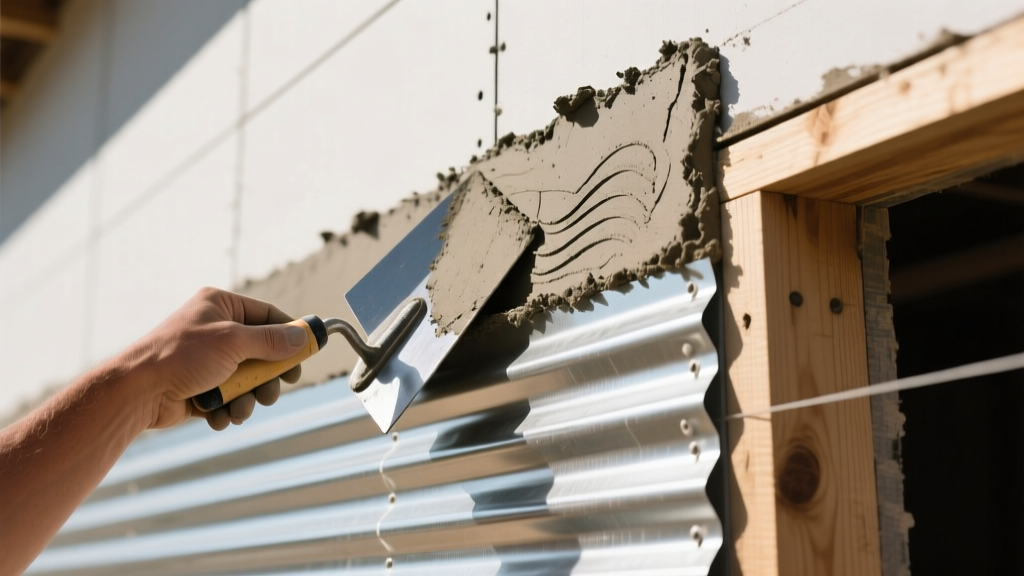 Close-up of a contractor trowel applying Type S mortar scratch coat over galvanized self-furring metal lath on exterior sheathing