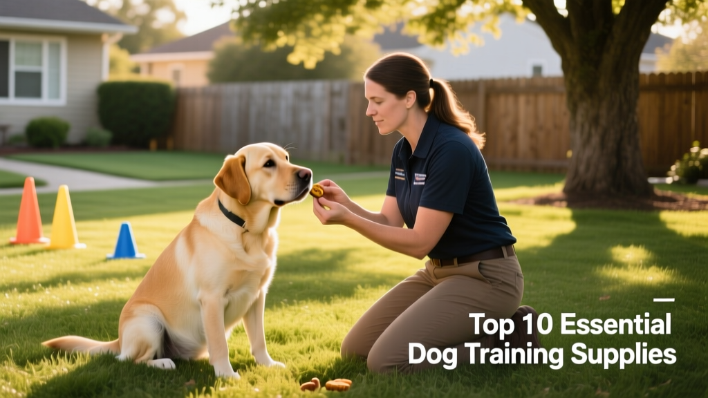 A trainer calmly rewarding a Labrador with a treat during a basic obedience session