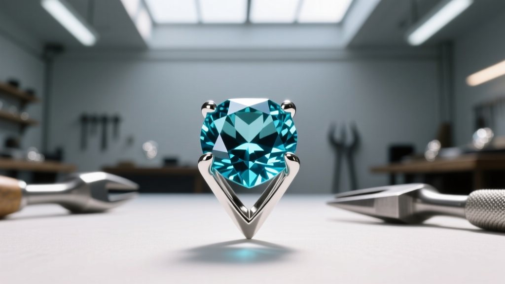 Macro view of platinum V-prongs securing the corner of an emerald cut aquamarine stone in a brightly lit jewelry workshop