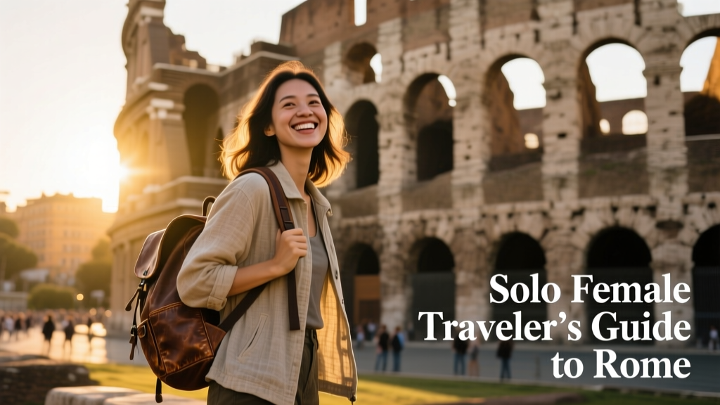 A solo woman traveler smiling near the Colosseum at golden hour, with soft light highlighting ancient stone arches