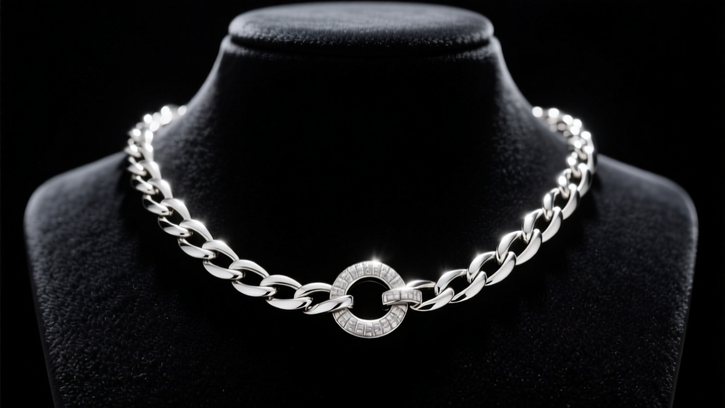 Sterling silver 24-inch figaro chain on black velvet bust, highlighting a heavy 12mm lobster clasp under bright focused lighting.