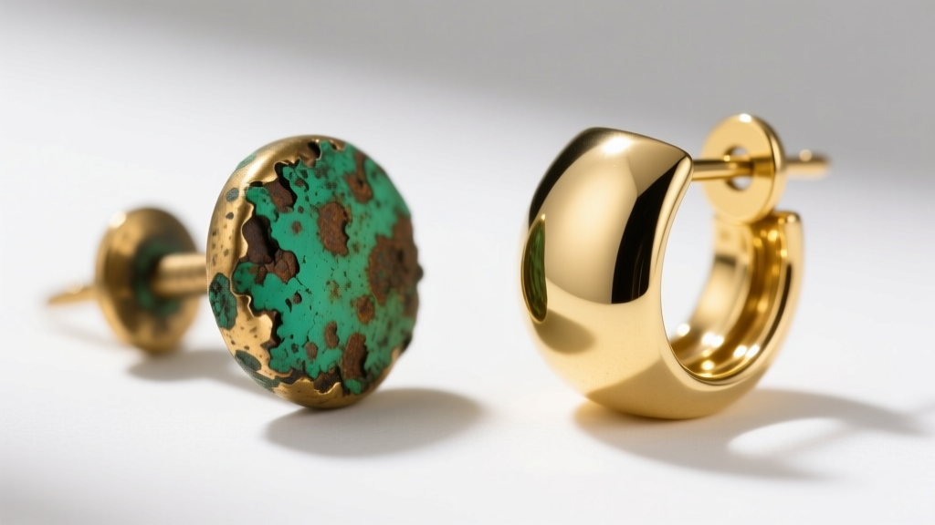 Side-by-side comparison of a severely pitted brass earring post with green verdigris next to a freshly sealed shiny gold earring