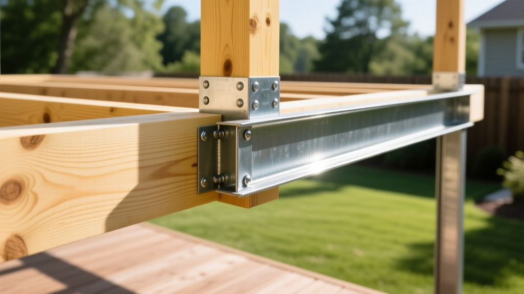 Close-up of pressure-treated Southern Yellow Pine joists and hot-dipped galvanized steel hardware forming a structural deck frame outdoors