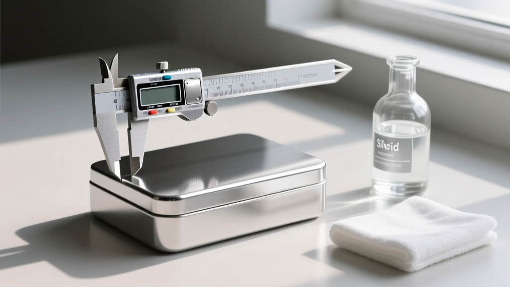 A digital caliper measuring the thickness of a silver-plated box lid, placed next to a bottle of silver testing acid and a cloth.
