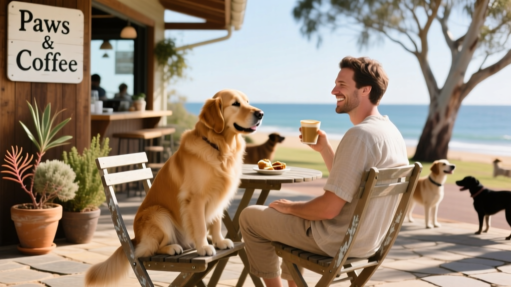 A dog sitting comfortably on a patio chair beside their human at a sunny, dog-friendly café in Western Australia