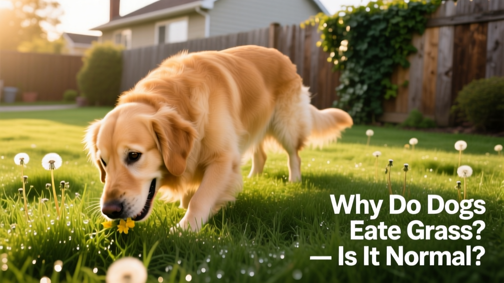 A happy dog gently nibbling fresh green grass in a sunlit backyard