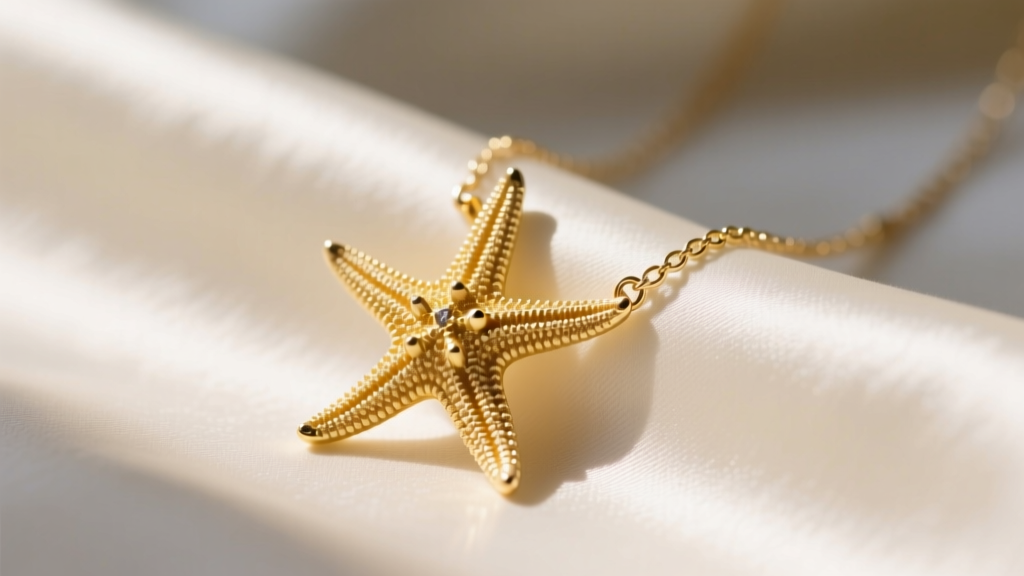 Close-up of a delicate 14k yellow gold starfish necklace on ivory silk, soft morning sunlight highlighting the textured arms.