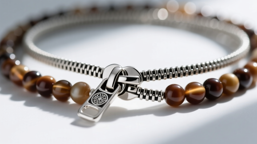 Macro shot of an interlocking sterling silver zipper clasp on a three-strand bead necklace, highlighting the slider mechanism
