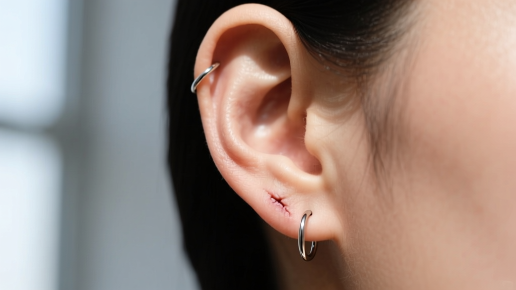 Profile of a healed earlobe wearing a delicate 22-gauge continuous seamless hoop, showing proper fit and a lightweight drape.