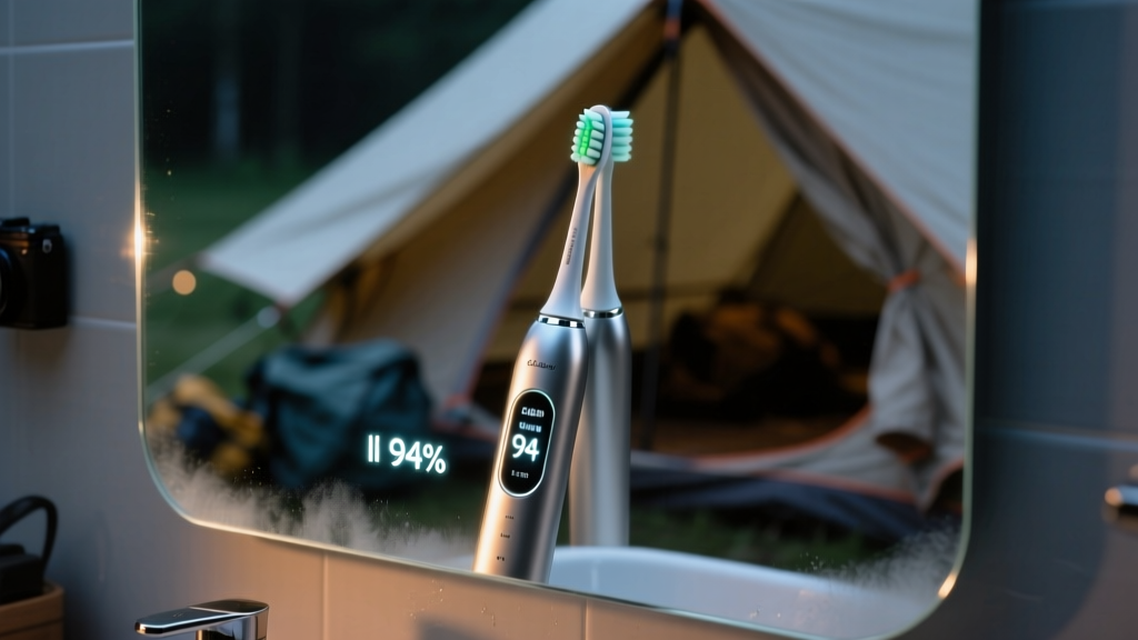 Close-up of a smart sonic toothbrush with a digital display showing an AI brushing score inside a dimly lit camping tent bathroom mirror.