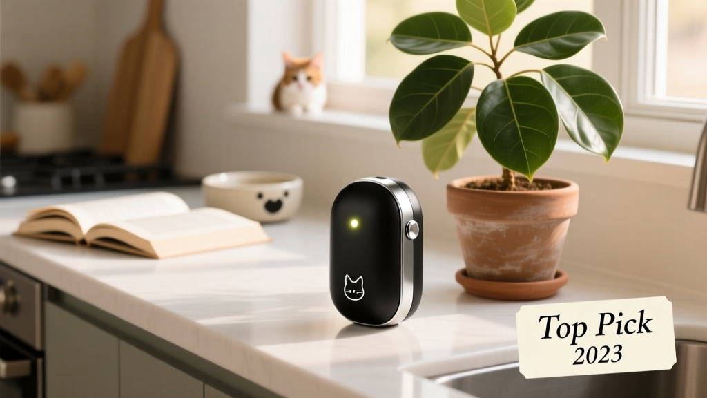A sleek, compact motion-activated spray device mounted on a countertop near a potted plant