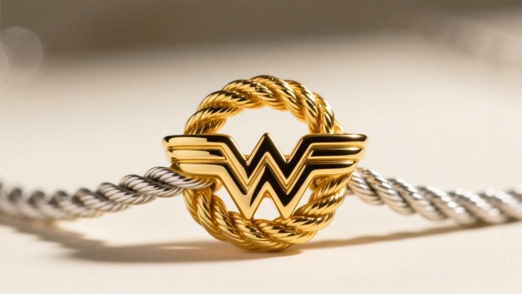 Macro shot of a gold vermeil Wonder Woman lasso pendant, showing the thick gold layer over a sterling silver rope chain base.