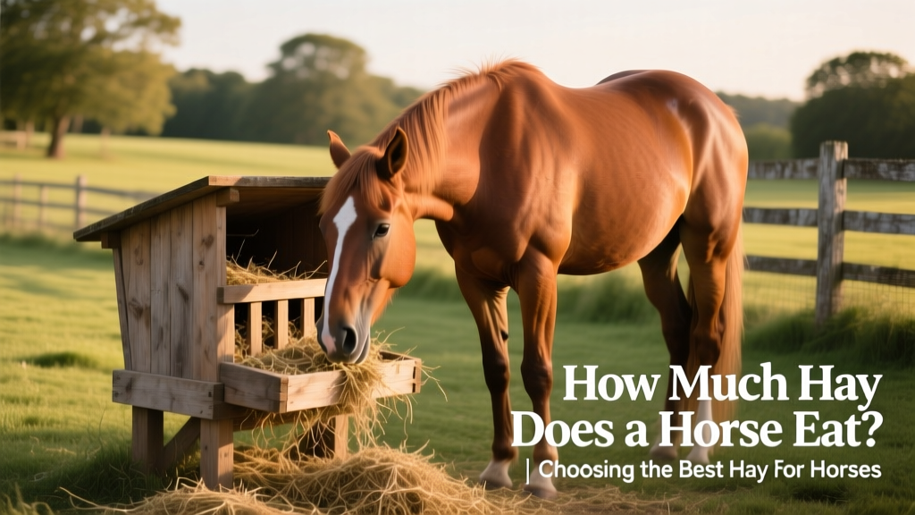 A calm horse eating hay from a slow feeder in a well-lit paddock