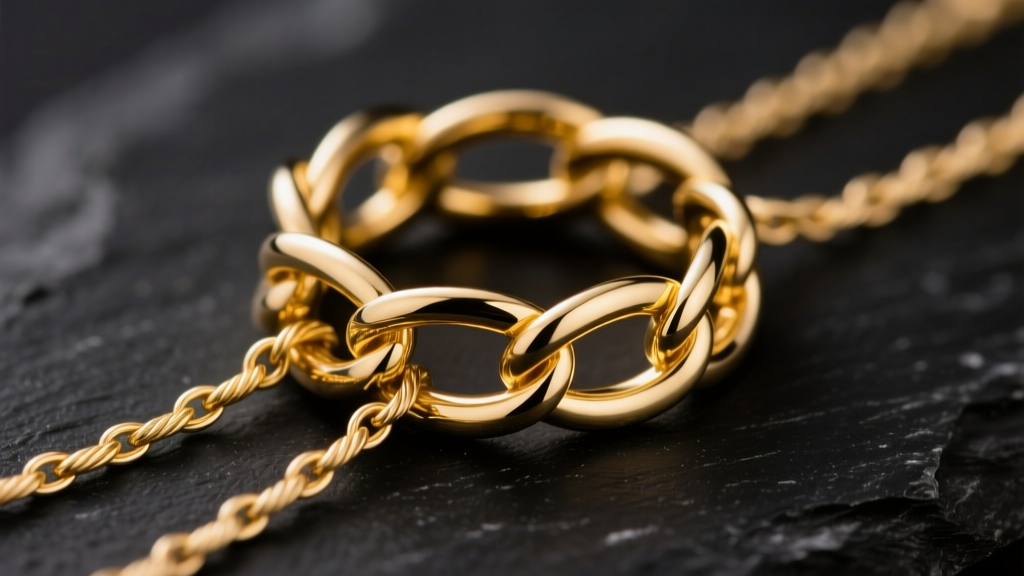 Macro shot of a 14k yellow gold multi-strand ring connector holding three 1.2mm cable chains, isolated on a dark slate background.