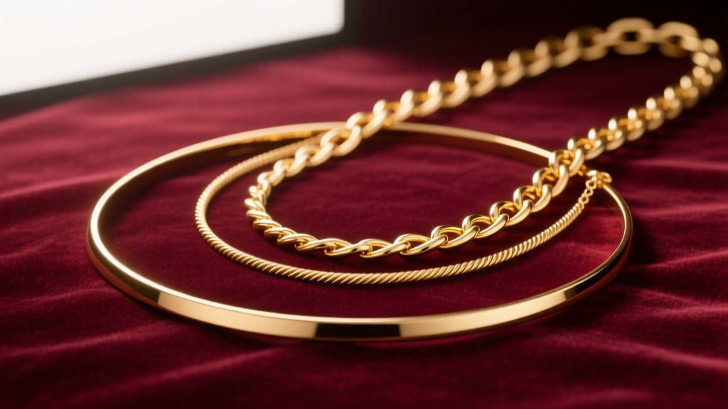 Studio flat lay on velvet showing three layered gold necklaces: a 14-inch choker, 18-inch cable chain, and a 24-inch rolo chain.