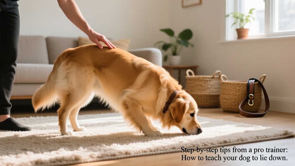 Side view of a dog smoothly lowering from stand to full down position on a rug, trainer’s hand guiding gently downward